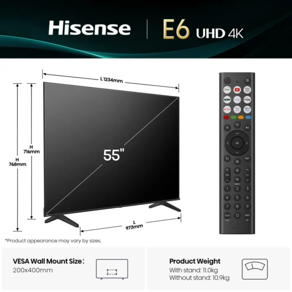 Hisense 55E6QTUK 55" 4K Ultra HD HDR Smart TV – Dolby Vision, Freely, VIDAA, 3x HDMI 2.1 (2025)