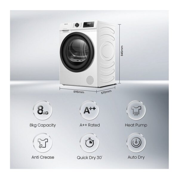 Hisense 1Q Series DH1Q802BW2 8kg Heat Pump Tumble Dryer, A++ Energy Rating, 16 Programmes, White