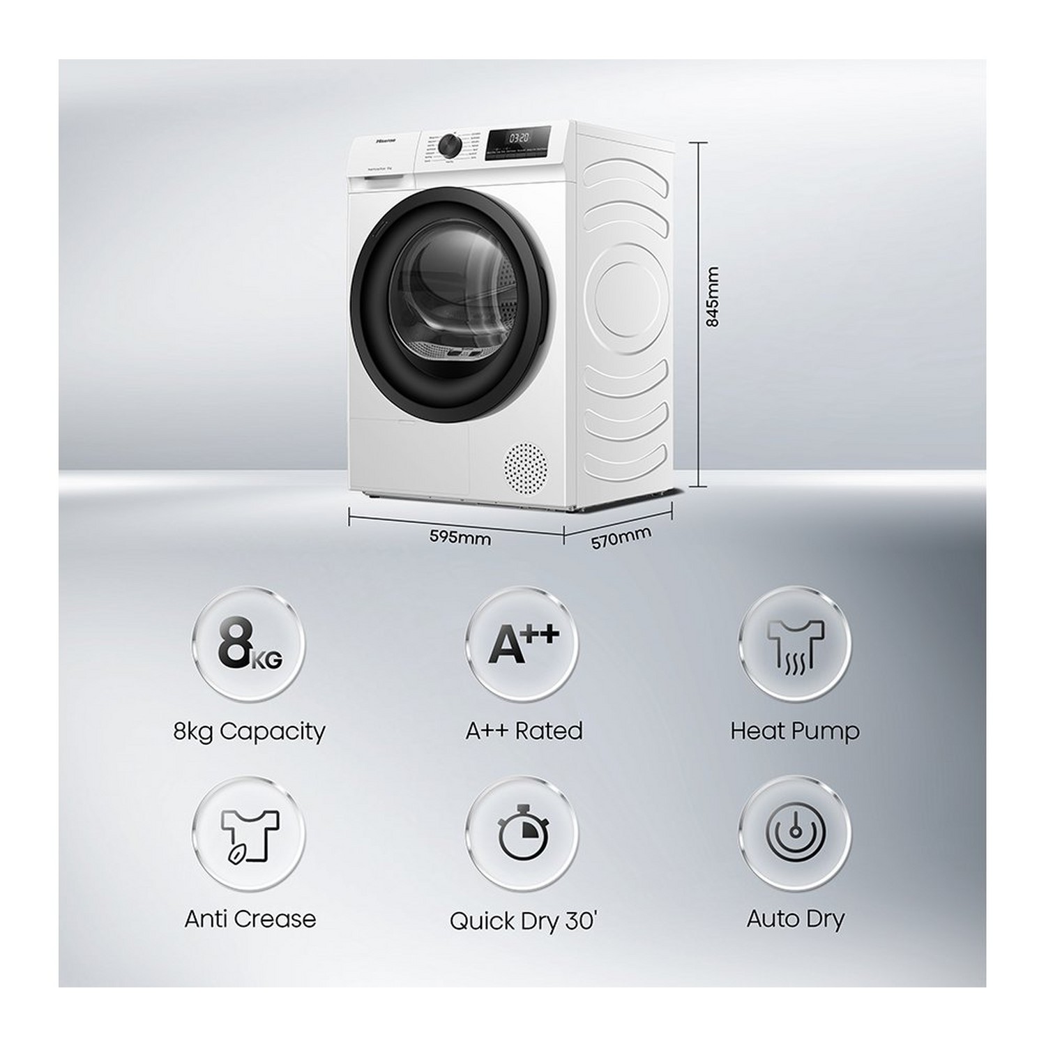 Hisense 1Q Series DH1Q802BW2 8kg Heat Pump Tumble Dryer, A++ Energy Rating, 16 Programmes, White